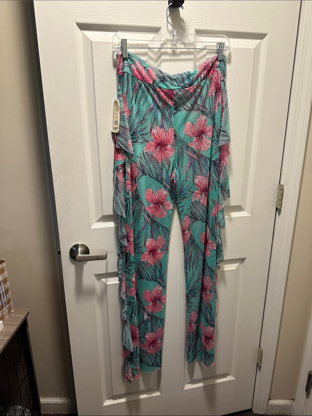 Love Tropical Teal Wide-Leg Pants with Pink Floral Print